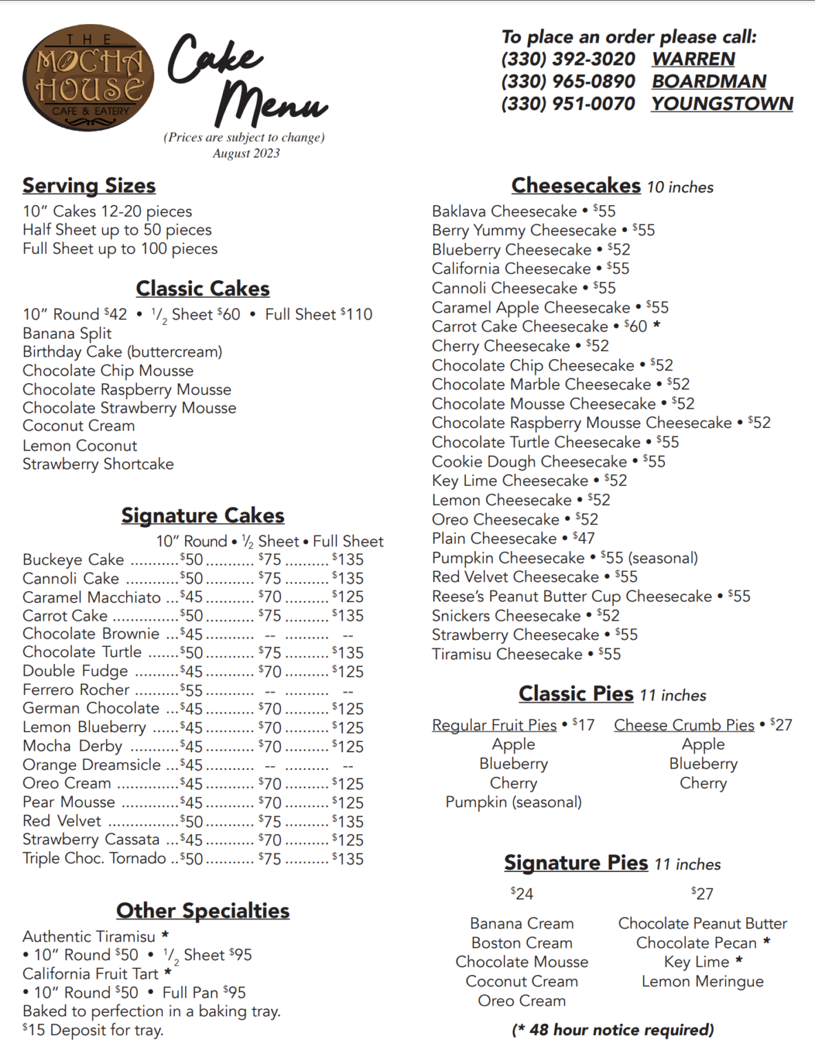 Cake Menu - The Mocha House Warren